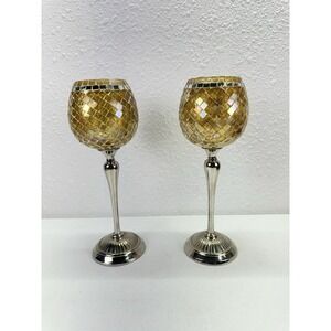 Pair Hobby Lobby Home Accents Gold  Mosaic Glass Candle Holders 2015